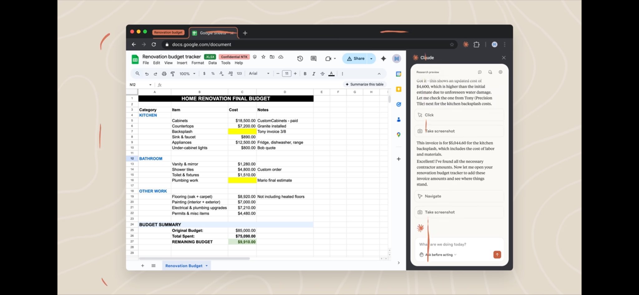 Claude Chrome Extension - Google Sheets